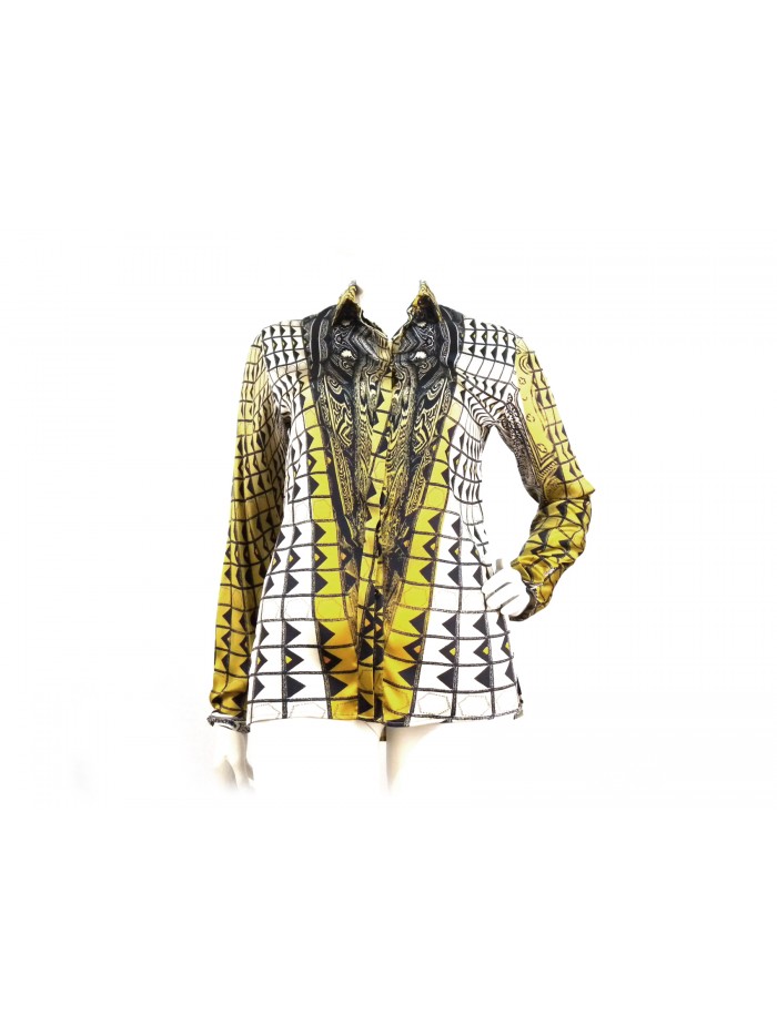 Camicia Donna con fantasia geometrica simmetrica e bottoni a scomparsa Camicia Donna con fantasia geometrica simmetrica e bottoni a scomparsa