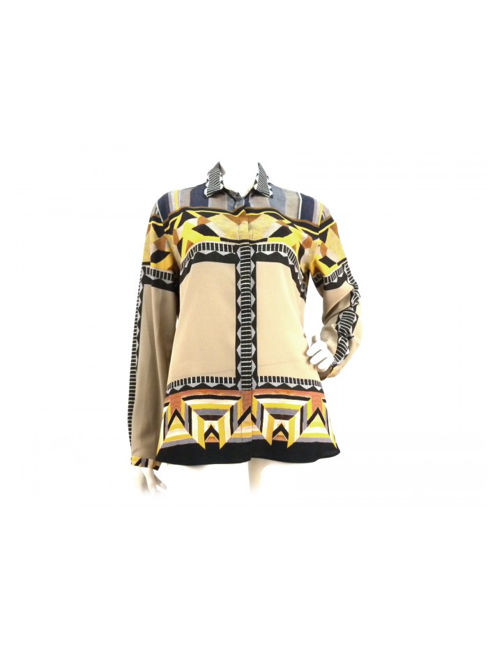 Shirt Woman with symmetrical Aztec pattern and hidden buttons. Shirt Woman with symmetrical Aztec pattern and hidden buttons.
