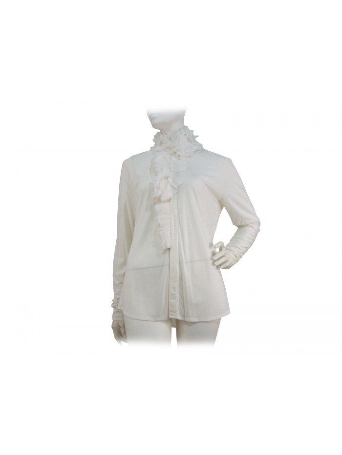 Solid color women's shirt, chest-high ruffle and collar.