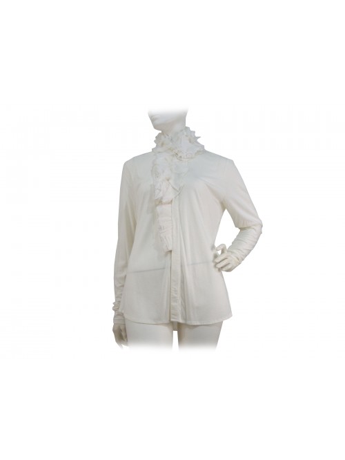 Solid color women's shirt, chest-high ruffle and collar.