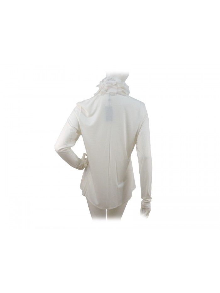 Solid color women's shirt, chest-high ruffle and collar.