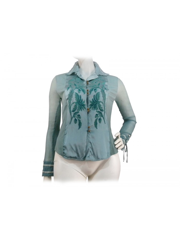 Woman shirt with floral embroidery on transparent contrast fabric Woman shirt with floral embroidery on transparent contrast fabric