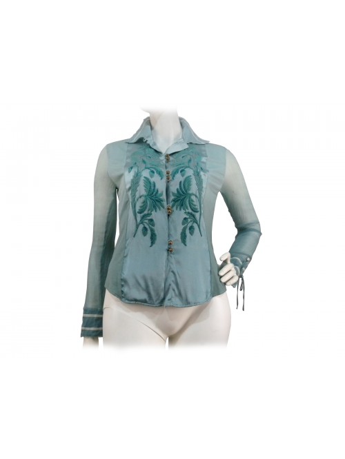 Camicia Donna con ricamo floreale su tessuto a contrasto trasparente Camicia Donna con ricamo floreale su tessuto a contrasto trasparente
