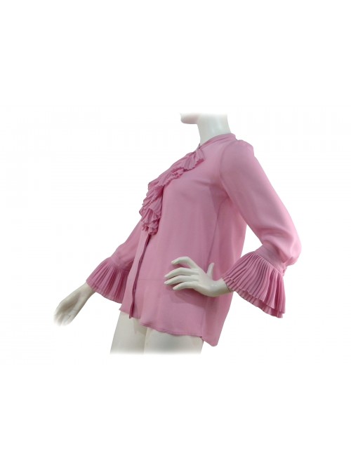 Camicia Donna collo coreana con decoro plissè e maniche 3/4.