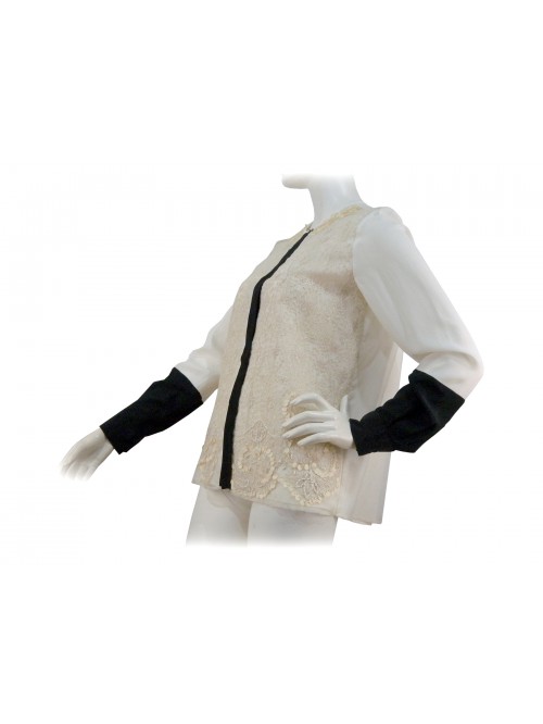 Woman shirt with embroidery and appliques beads on color, buttons