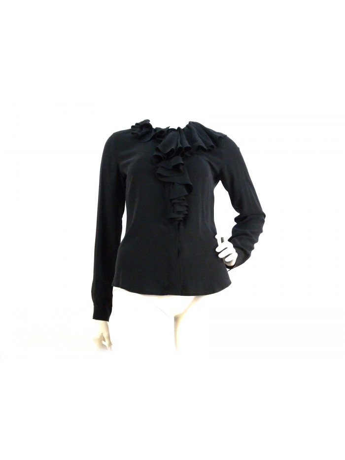 Flared women's shirt, neck and ruffle chest with hidden buttons. Flared women's shirt, neck and ruffle chest with hidden buttons.