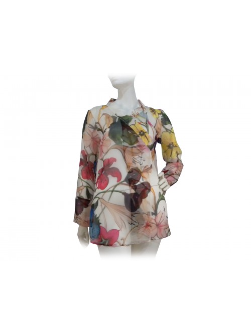 Camicia Donna floreale su fondo bianco, chiusura a chimono Camicia Donna floreale su fondo bianco, chiusura a chimono