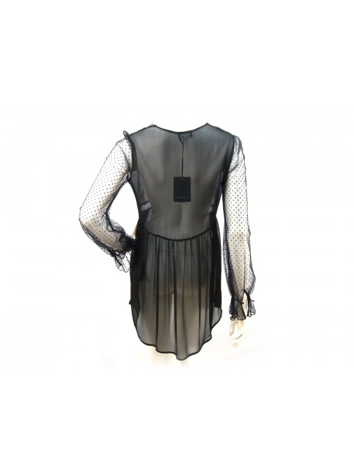 Camicia Donna trasparente scollata, sfiancata con pizzo bordo petto.