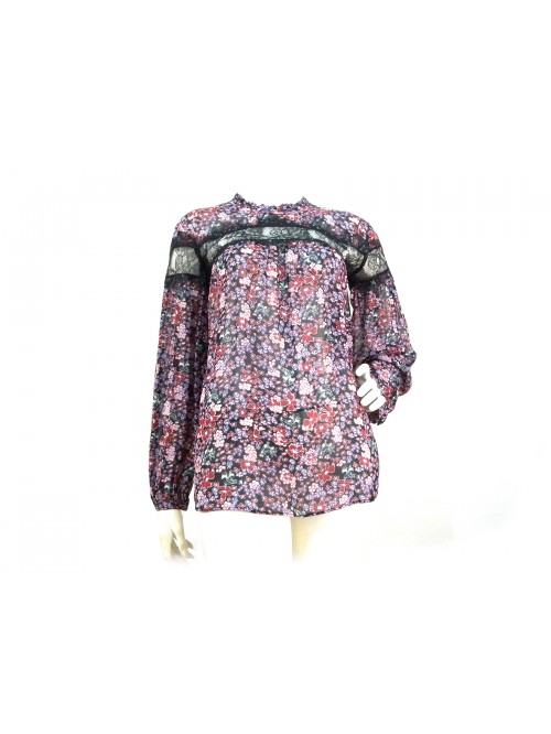 Camicia Donna fantasia con fiori colorati manica e petto con pizzo Camicia Donna fantasia con fiori colorati manica e petto con pizzo