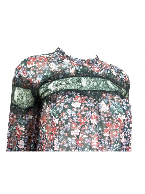 Camicia Donna fantasia con fiori colorati manica e petto con pizzo