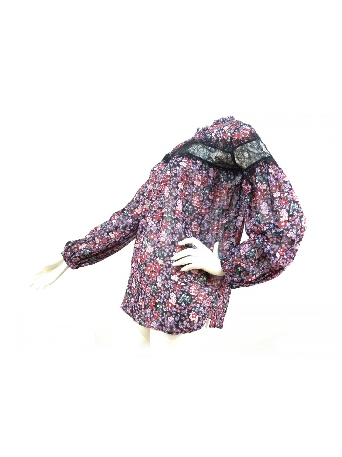 Camicia Donna fantasia con fiori colorati manica e petto con pizzo