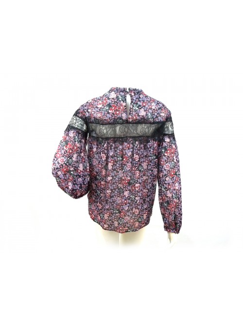 Camicia Donna fantasia con fiori colorati manica e petto con pizzo