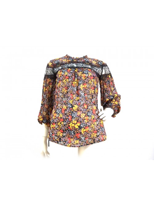 Camicia Donna fantasia con fiori colorati manica e petto con pizzo Camicia Donna fantasia con fiori colorati manica e petto con pizzo