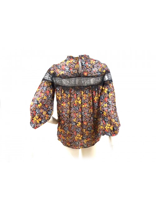 Camicia Donna fantasia con fiori colorati manica e petto con pizzo