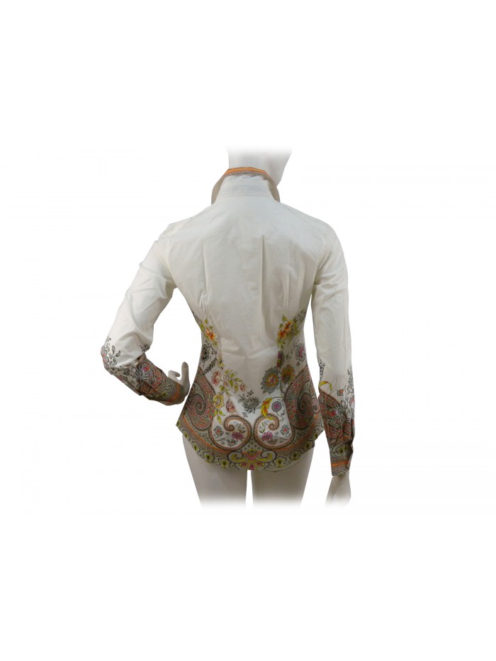 Woman shirt with fantasy cashmere flowers on a cream background.