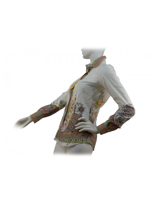 Woman shirt with fantasy cashmere flowers on a cream background.