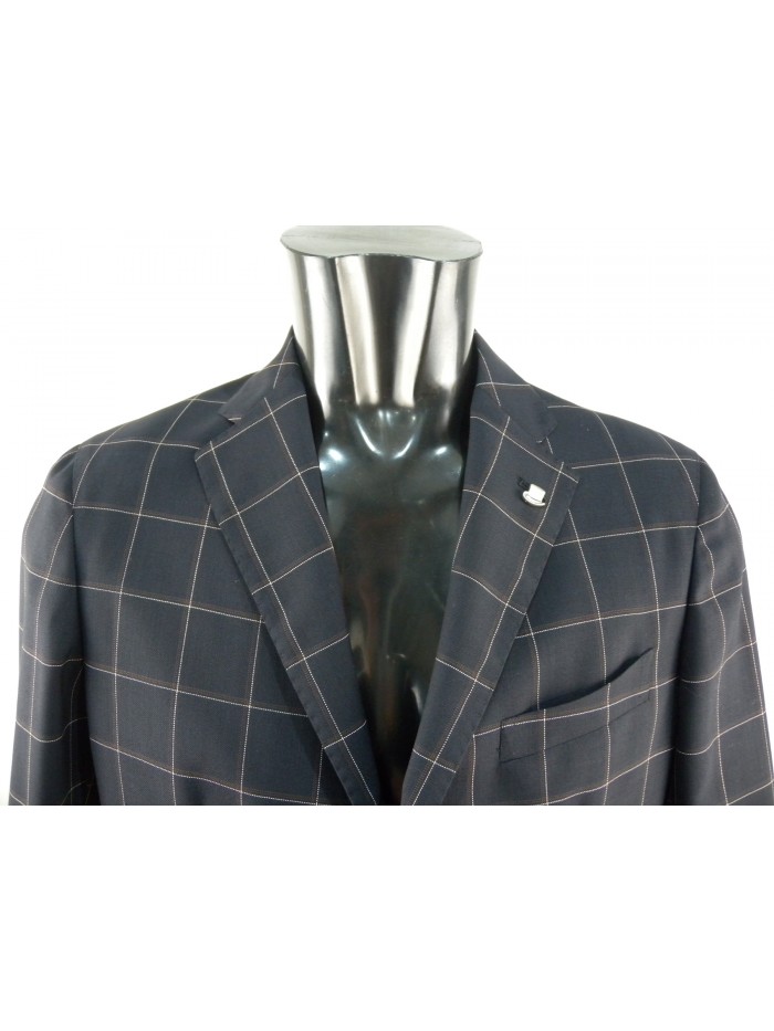 Men's unlined white / brown squared jacket on a blue background.