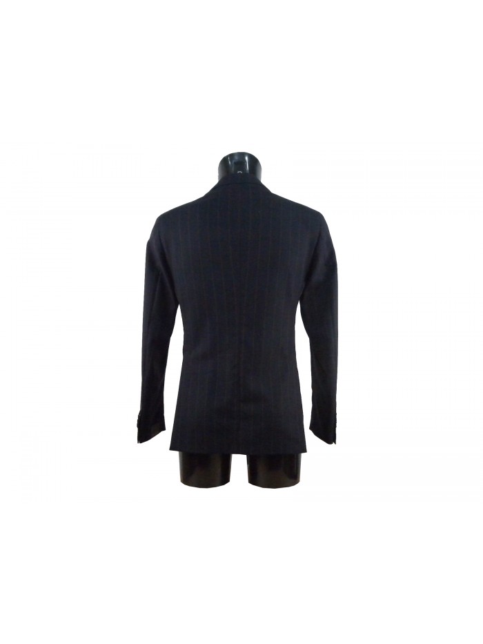 Men's unlined jacket with striped brown stripes on a blue background.