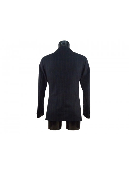 Men's unlined jacket with striped brown stripes on a blue background.