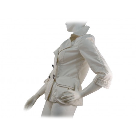 Double breasted woman jacket 2 overlapping pockets with wide buttons and 3/4 sleeves.