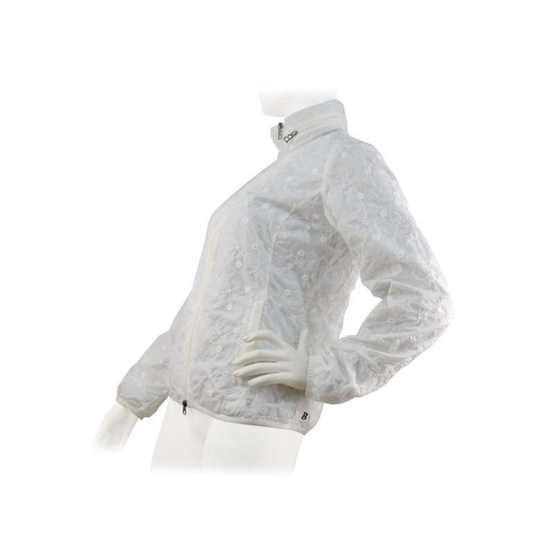Woman embroidered jacket in white color with high crew-neck and removable hood.