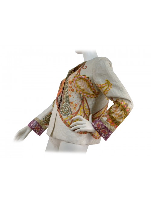 Unlined woman jacket, fabric with embossed arabesque pattern effect