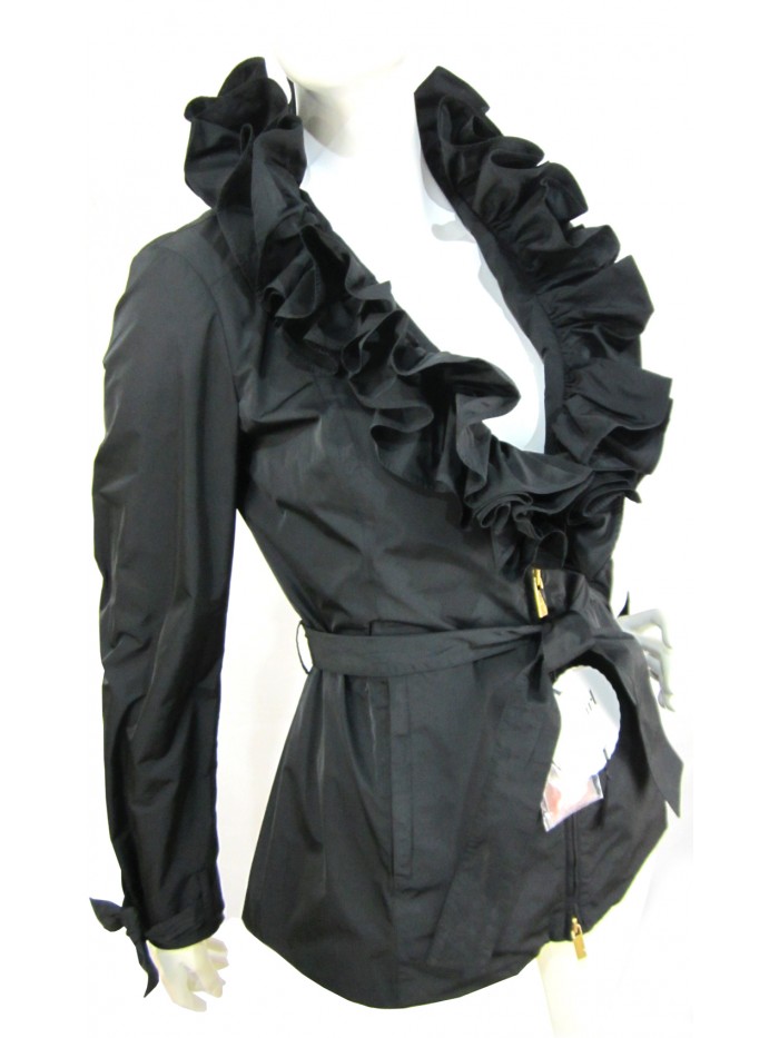 Women's jacket with rouge and waist belts and knotted cuffs,