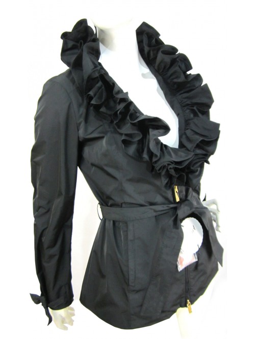 Women's jacket with rouge and waist belts and knotted cuffs,