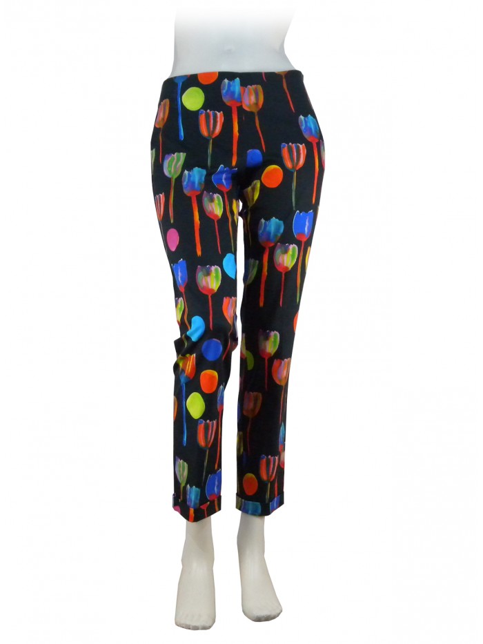 Pantalone Donna fantasia Tulipani su fondo nero, vestibilità slim Pantalone Donna fantasia Tulipani su fondo nero, vestibilità slim