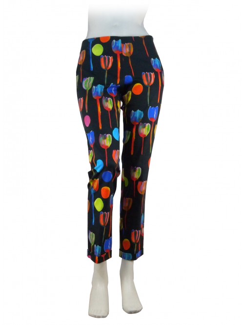 Woman trousers Tulipani fantasy on black, slim fit Woman trousers Tulipani fantasy on black, slim fit