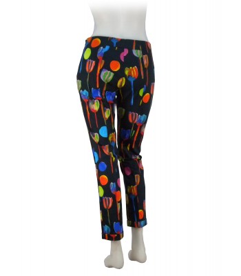 Woman trousers Tulipani fantasy on black, slim fit 2