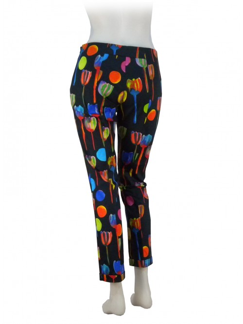 Woman trousers Tulipani fantasy on black, slim fit