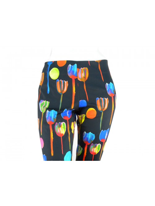 Pantalone Donna fantasia Tulipani su fondo nero, vestibilità slim