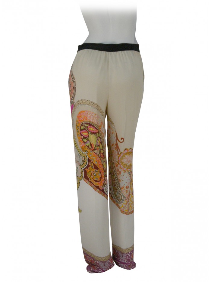 Pantalone Donna Crêpe Satin modello a palazzo, fantasia Paisley