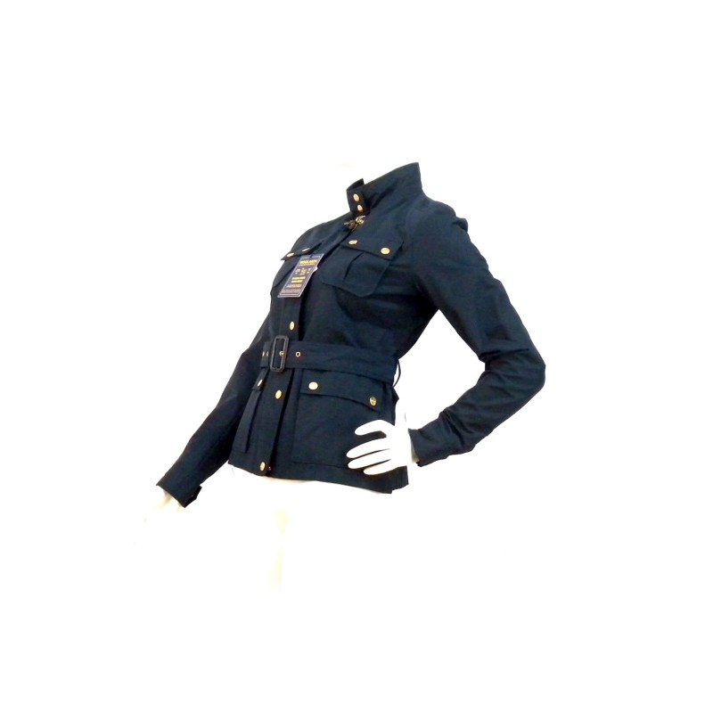 Short women's jacket with 4 pockets lined pressure buttons with adjustable belt.