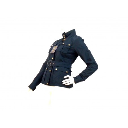 Short women's jacket with 4 pockets lined pressure buttons with adjustable belt.