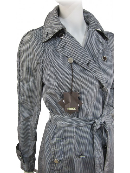 Pied de poule waterproof woman jacket, chrome buttons, waist belt
