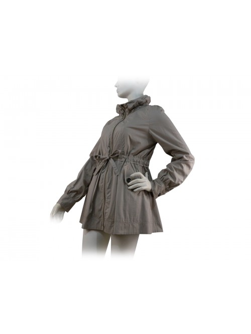Woman jacket Duster with drawstring waist, high collar with curling