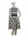 Woman dress wide shoulder, striped pattern, worked effect fabric