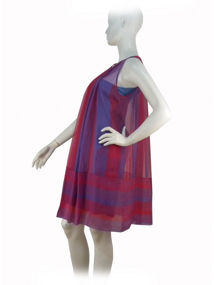 Woman dress wide shoulder, vertical stripes with fading colors