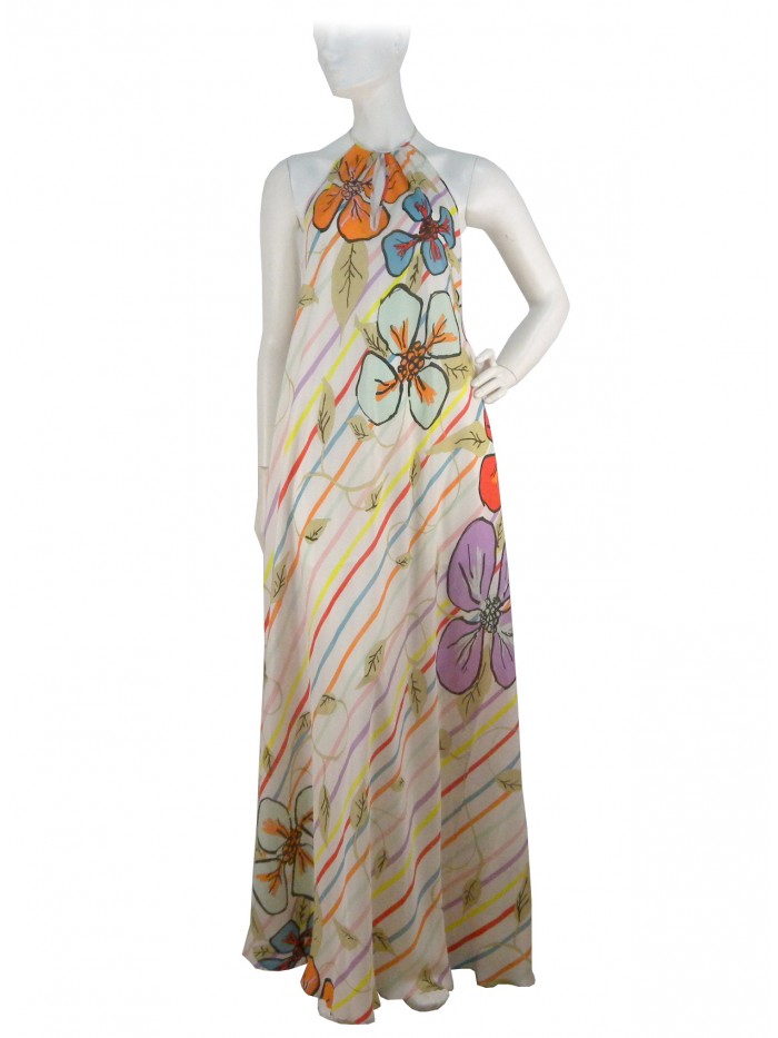 Vestito Donna scollo modello americano, decori fiori e righe Vestito Donna scollo modello americano, decori fiori e righe