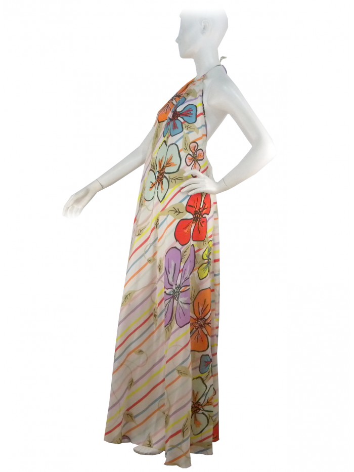 Woman dress American model neckline, decor flowers and stripes