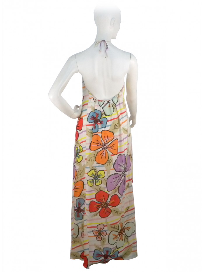 Woman dress American model neckline, decor flowers and stripes