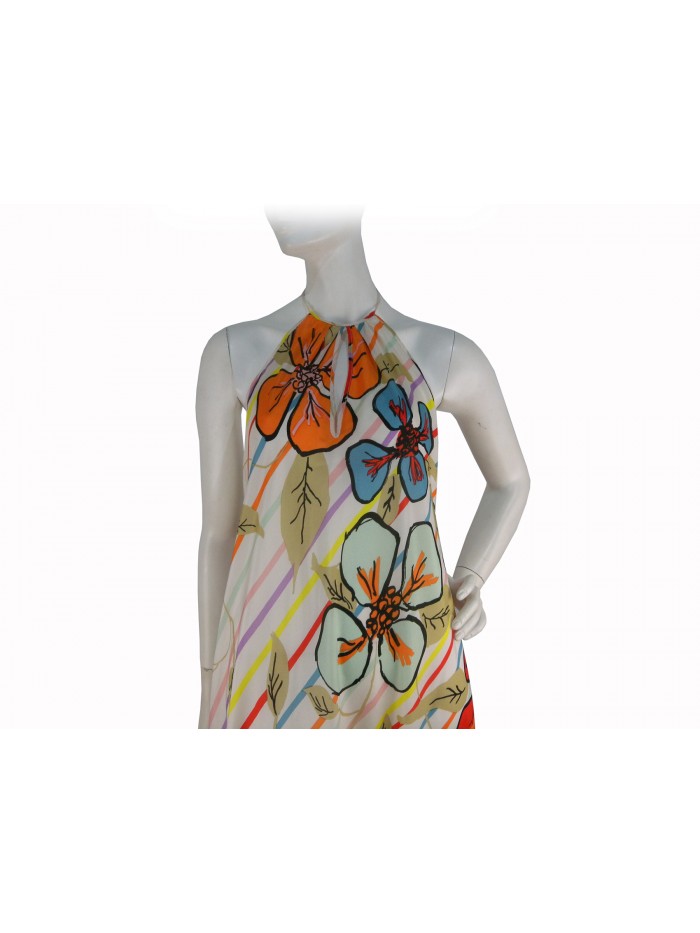 Woman dress American model neckline, decor flowers and stripes