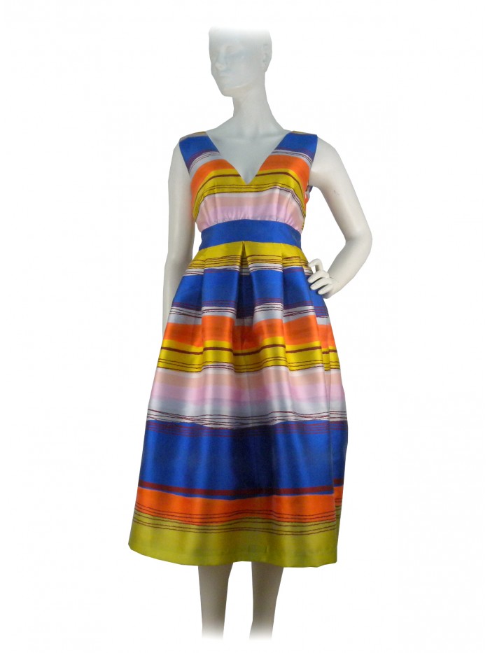 Woman dress with a wide shoulder-length collar, striped fabric Woman dress with a wide shoulder-length collar, striped fabric