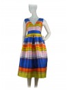 Woman dress with a wide shoulder-length collar, striped fabric