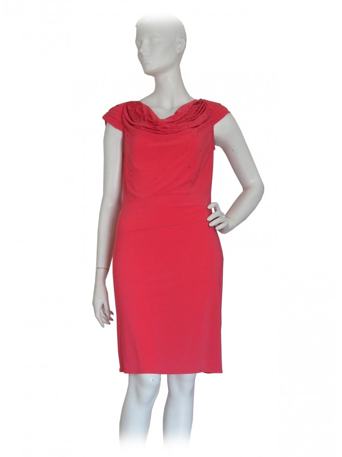 Woman dress in jersey with soft neckline, decoration Woman dress in jersey with soft neckline, decoration