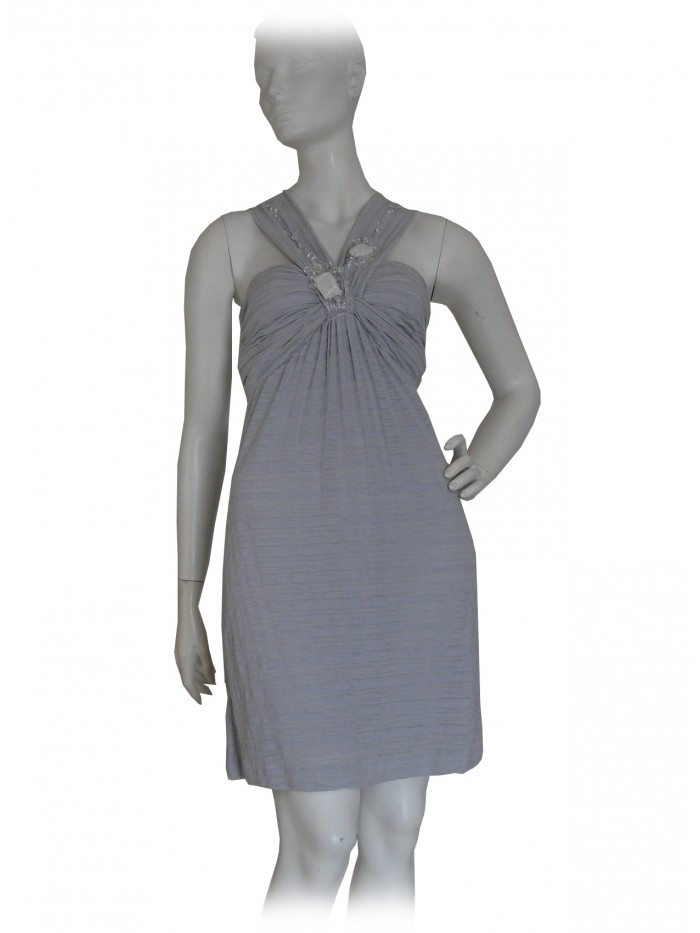 Woman dress with jersey braces and decorations with pearl gray stones Woman dress with jersey braces and decorations with pearl gray stones