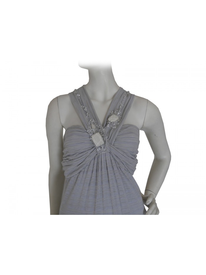 Woman dress with jersey braces and decorations with pearl gray stones