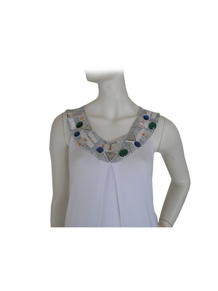 Woman sleeveless dress in jersey, neckline with stone inserts